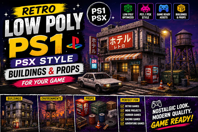 create retro low poly ps1 psx buildings and props for games