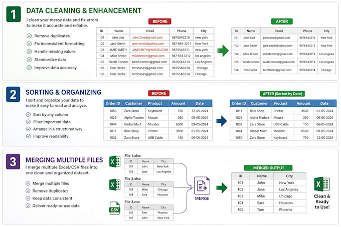 merge,consolidate, combine and clean data rows columns in microsoft excel or csv