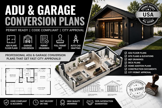 create adu permit plans and garage conversion drawings