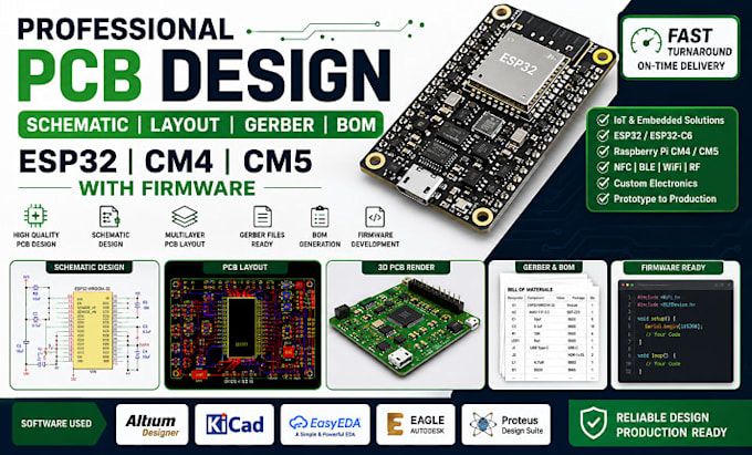 design pcb schematic layout gerber bom esp32 cm4 cm5 with firmware