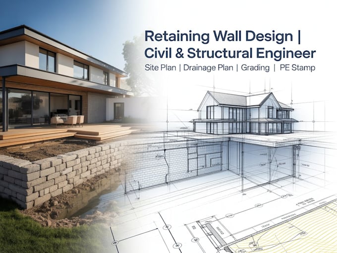retaining wall design, site plan, structural design drainage plan, slab, deck au