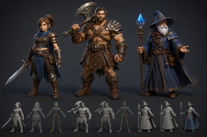create stylized 3d character modeling, rigging and game ready characters