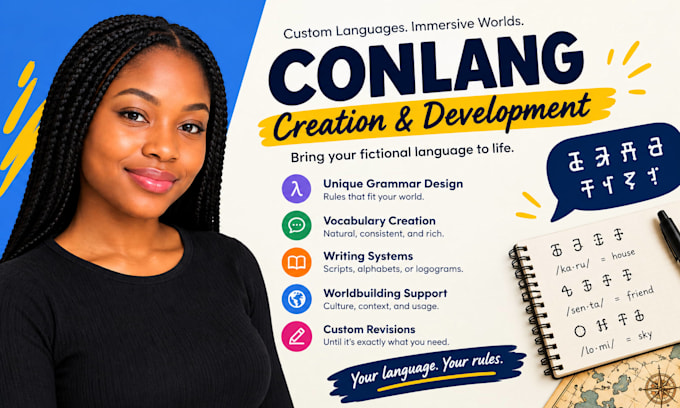 create a fantasy language, conlang, alphabet and naming system for you