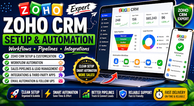 setup zoho CRM automation workflows zoho integration pipelines and customization