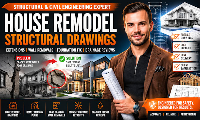 create structural and civil drawings for remodels extensions, foundation repairs