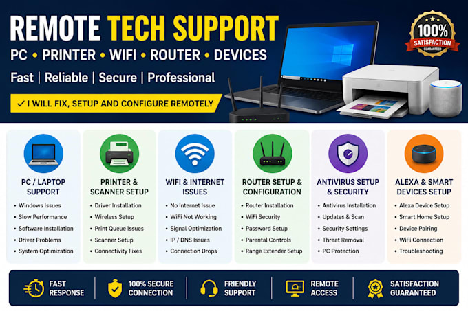 do remote tech support for PC  laptop printer wifi  router  alexa