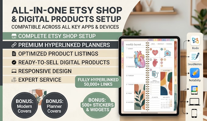 design etsy digital products,hyperlinked files,planners and setup etsy store SEO