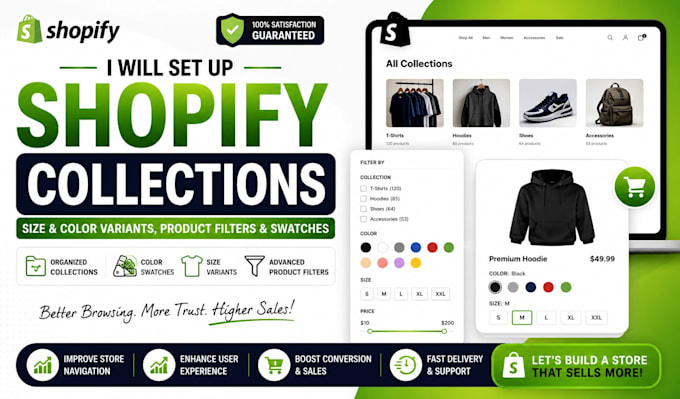 set up shopify collections, size and color variants, product filters swatches