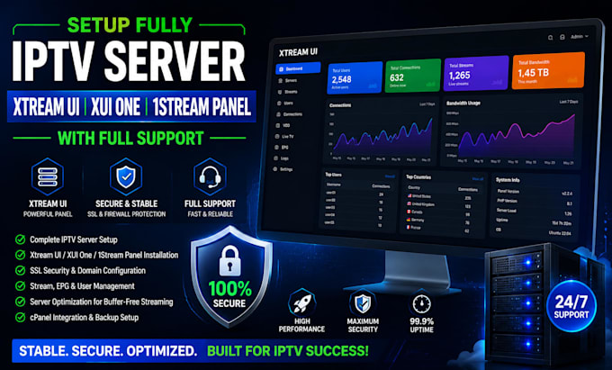setup fully iptv server xtream ui xui one, 1stream panel with full support