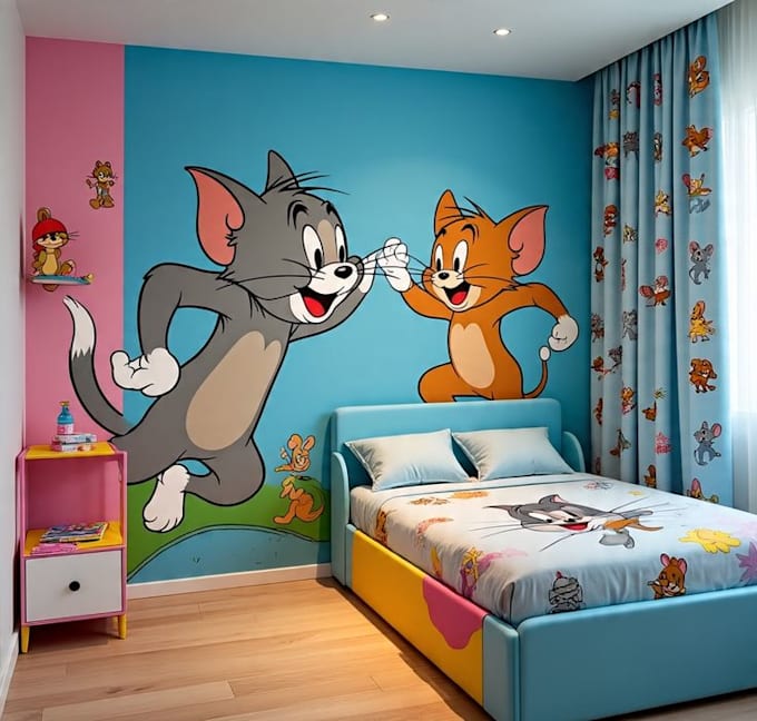 draw colourful wall mural for kids room