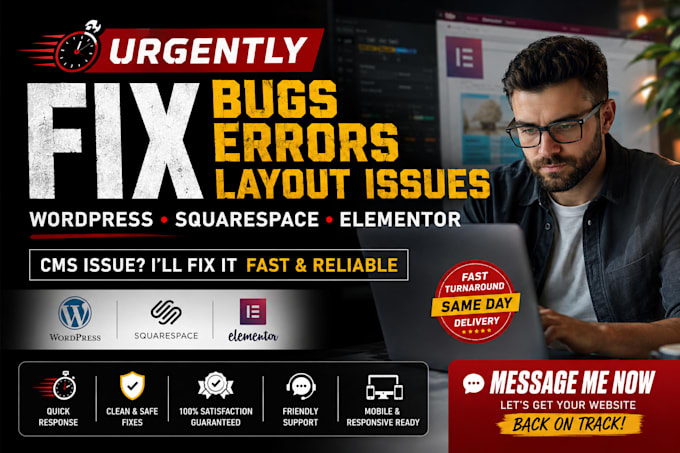 urgently fix wordpress squarespace elementor bugs errors layout issues cms issue
