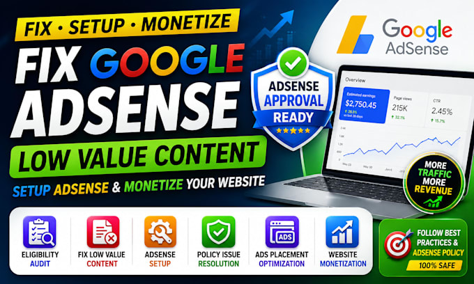 fix google adsense low value content, setup adsense and monetize website