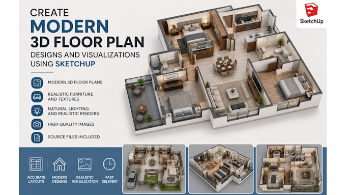 create modern 3d floor plan designs and visualizations using sketchup