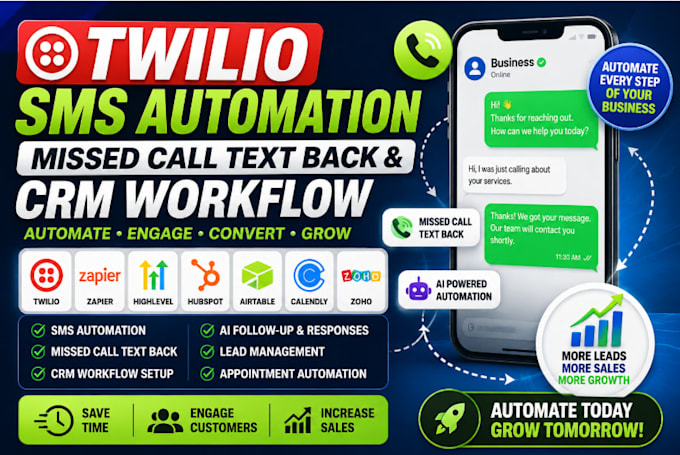 setup twilio SMS automation, missed call text back and CRM workflow