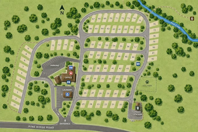 create unique campground maps, rv park maps, resort layouts