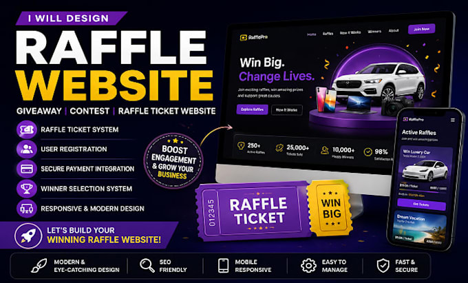 design raffle wordpress website, giveaway website, competition raffle ticket web