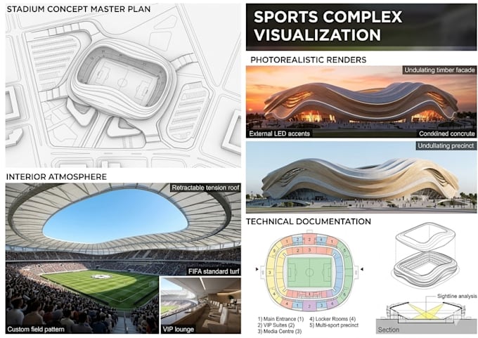 3d stadium design, sports complex architecture with ultrarealistic rendering