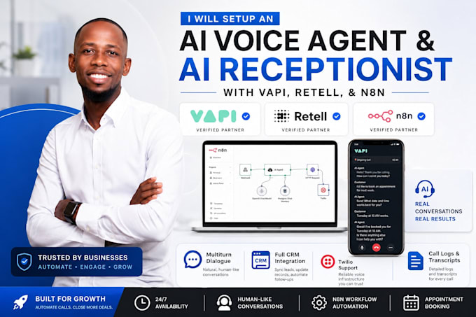 setup ai voice agent, ai receptionist with vapi, retell, n8n expert