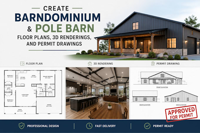 create barndominium plan pole barn floor plans, 3d rendering, and permit drawing