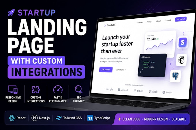 build a startup landing page with custom integrations