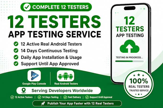 provide 12 app testers for google play closed testing for 14 days
