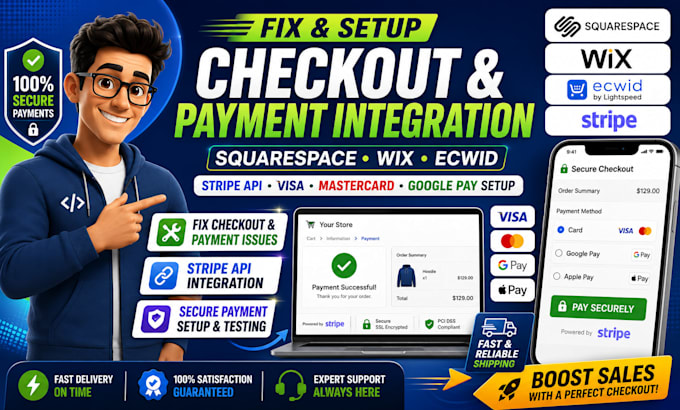 fix squarespace wix ecwid checkout stripe API visa mastercard google pay setup
