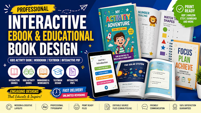 design interactive ebook, activity kids book, textbook, educational book design