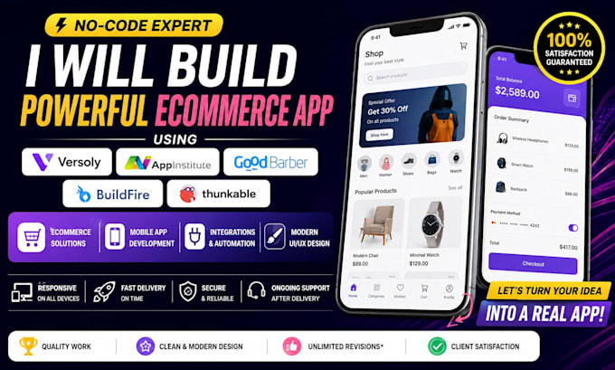 build versoly appinstitute goodbarber buildfire thunkable ecommerce website