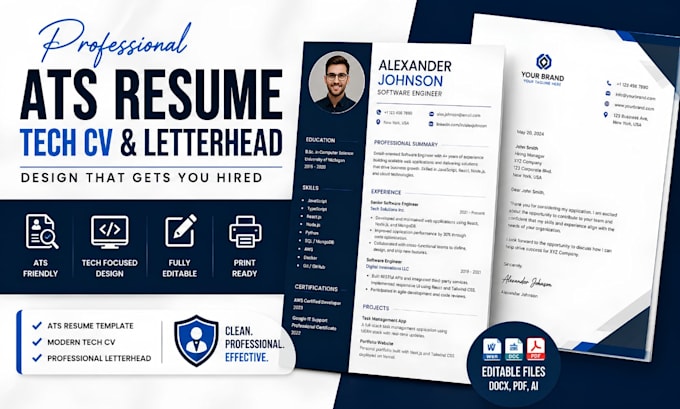 design ats resume template, tech CV resume template, letterhead design