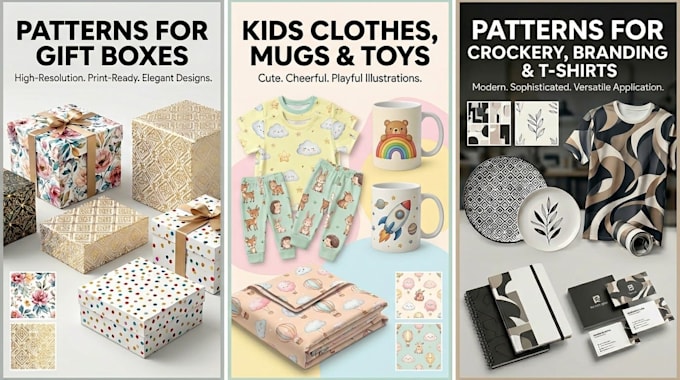design custom seamless patterns for packaging, kids items, and branding