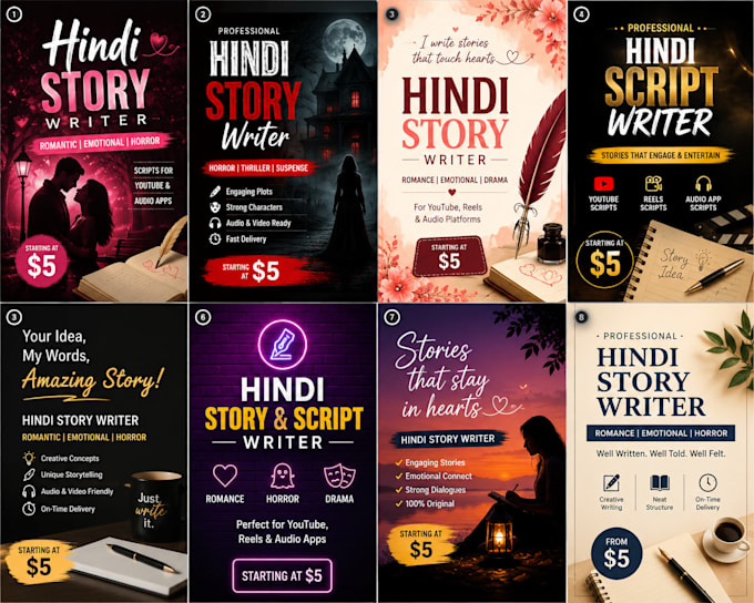 write emotional romantic, horror hindi stories and scripts
