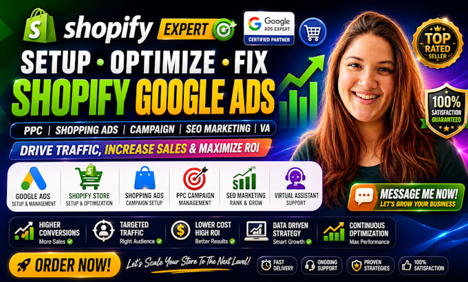 setup optimize fix shopify google ads ppc shopping ads campaign seo marketing va