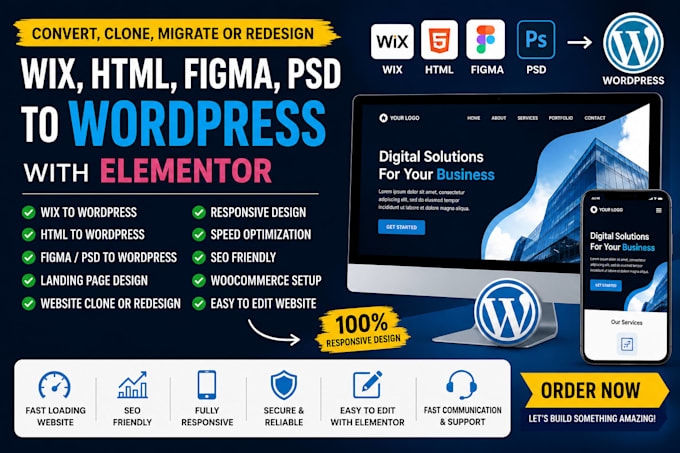 convert wix, HTML, figma, PSD to wordpress with elementor