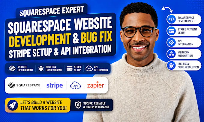 develop squarespace website, fix squarespace bugs, stripe setup, API integration