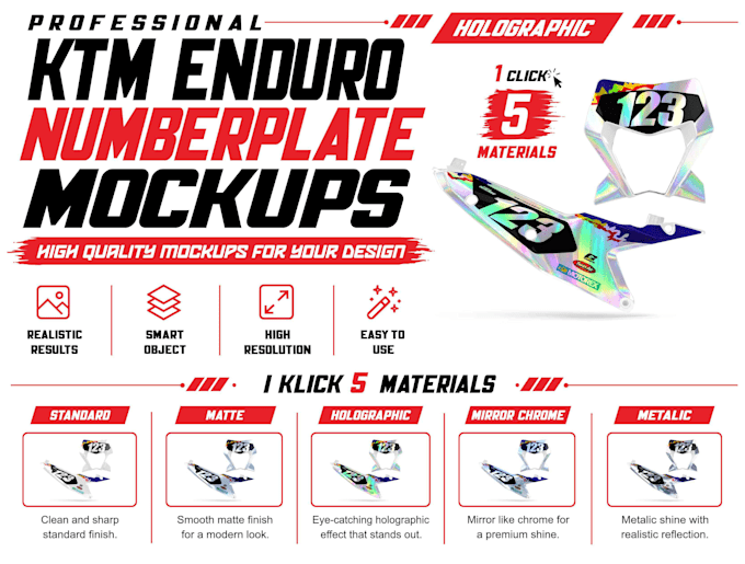 create premium motocross number plate mockups with 5 materials