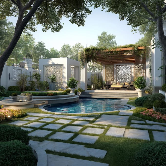 design backyard, frontyard, pool, patio as a landscape