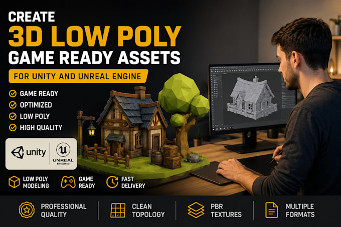 create optimized 3d low poly game assets for unity, unreal engine vr mobile game