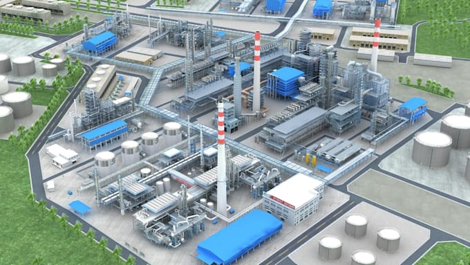 create photorealistic 3d refinery, power plant, factory, and industrial design