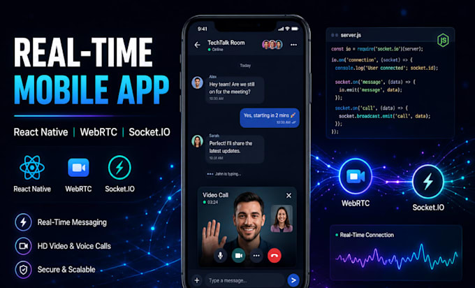 develop react native expo real time chat app ios with webrtc and socket io