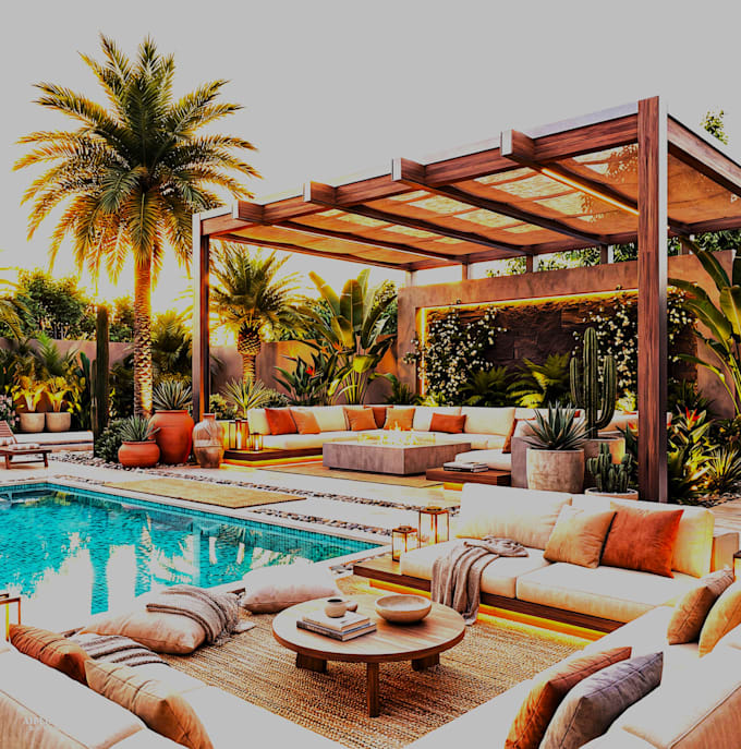 do backyard front yard garden pool patio deck terrace 3d landscape rendering