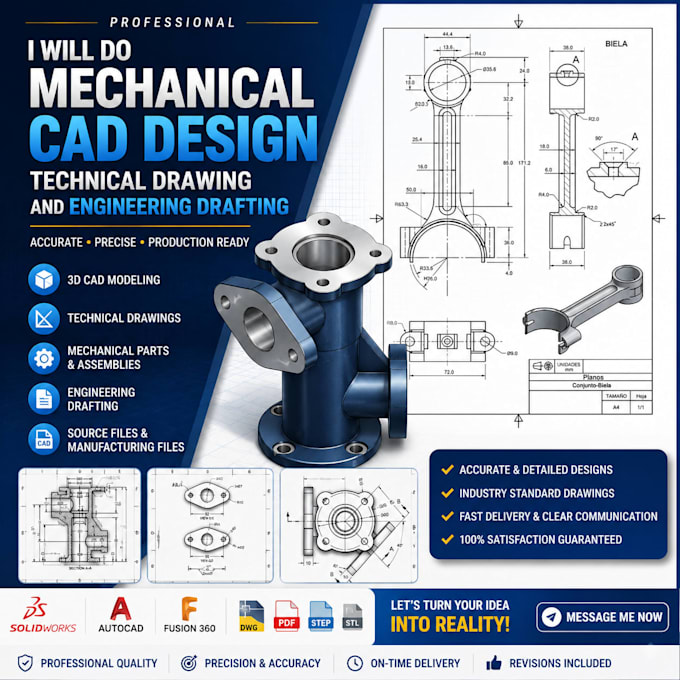 do mechanical cad design, technical drawing and engineering drafting