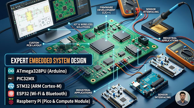 design embedded system using mcu atmega328pu,pic32mx,stm32,esp32,raspberry