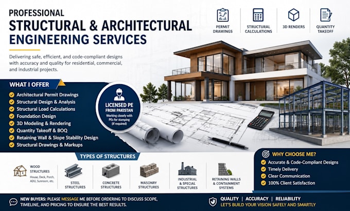 do wood, steel and concrete structural design, structural calculation
