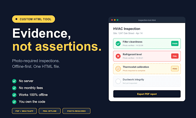 build a custom HTML inspection report tool with photos and PDF export