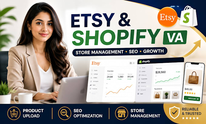 be etsy shop manager, shopify virtual assistant, ecommerce website VA management