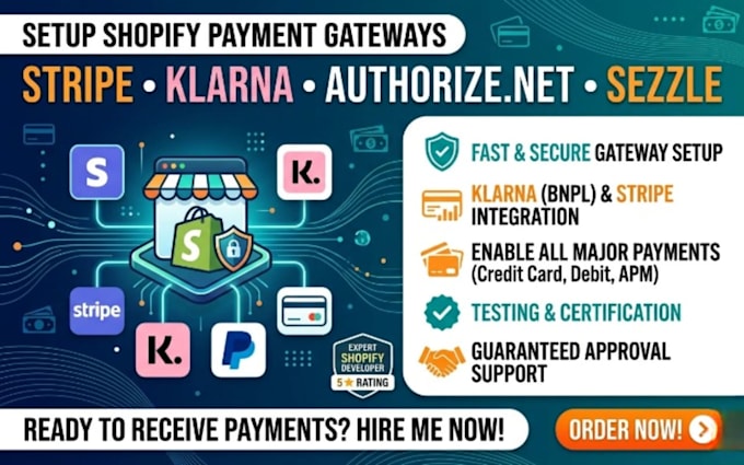 setup shopify payment gateway, stripe, klarna integration for ecommerce store