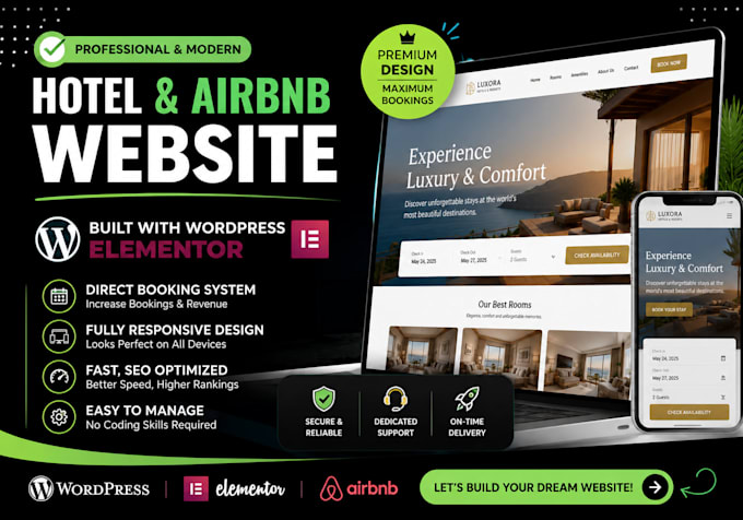 design responsive hotel website booking airbnb website with wordpress elementor