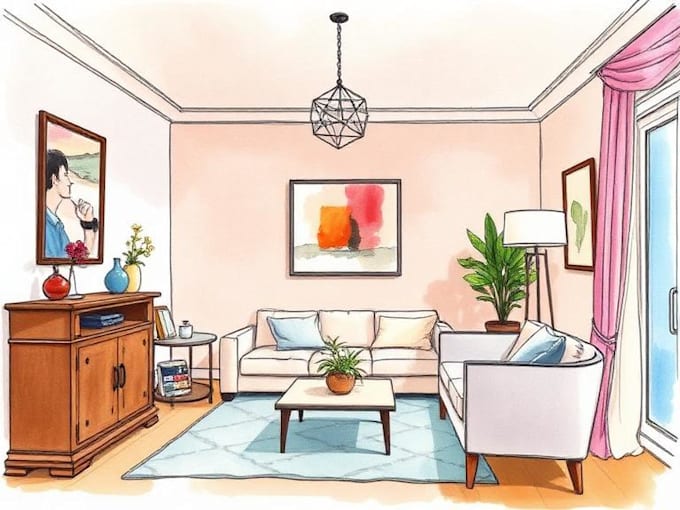 digital sketch interior illustration with watercolour style