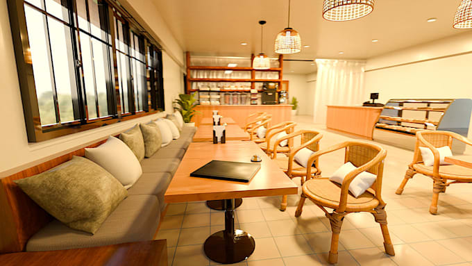 convert your 2d floor plan into a 3d cafe interior render