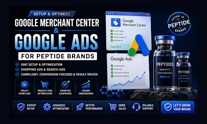 setup gmc and google ads merchant center for peptide brands